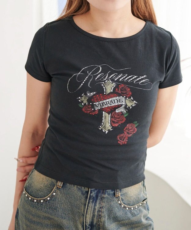 WEGO ラインストーンハートグラフィックちびT ブラック