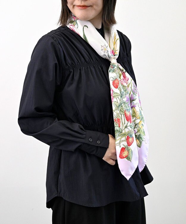 Marca ＜春の新色！＞【伝統横濱スカーフ】四季のツリー花 大判 シルクツイル スカーフ ライラックボーダー