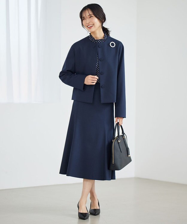 23区 L 【洗える】ジオメトリックパターン フリル ブラウス ネイビー系