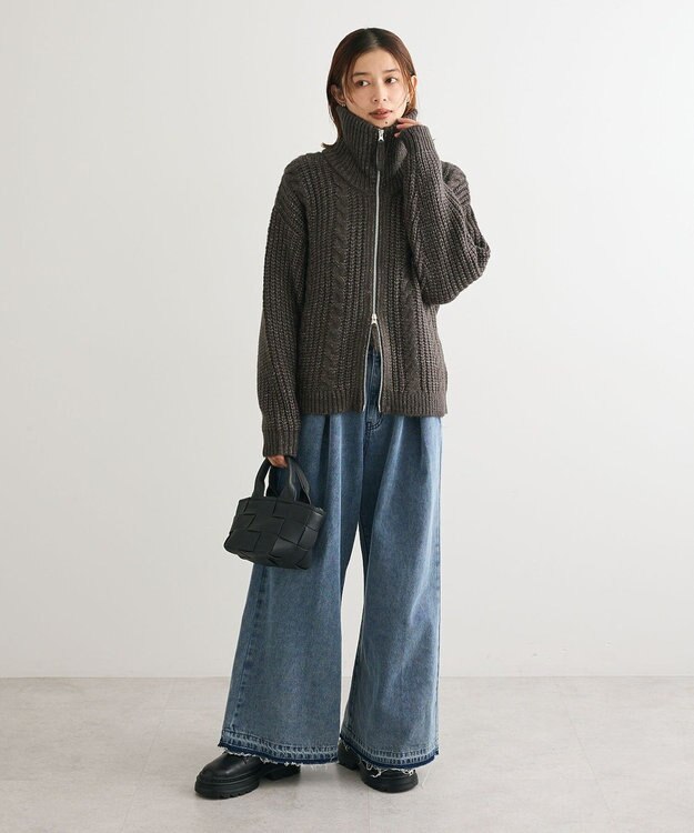 Green Parks 衿付きケーブルｚｉｐカーディガン Dark Gray Mixture