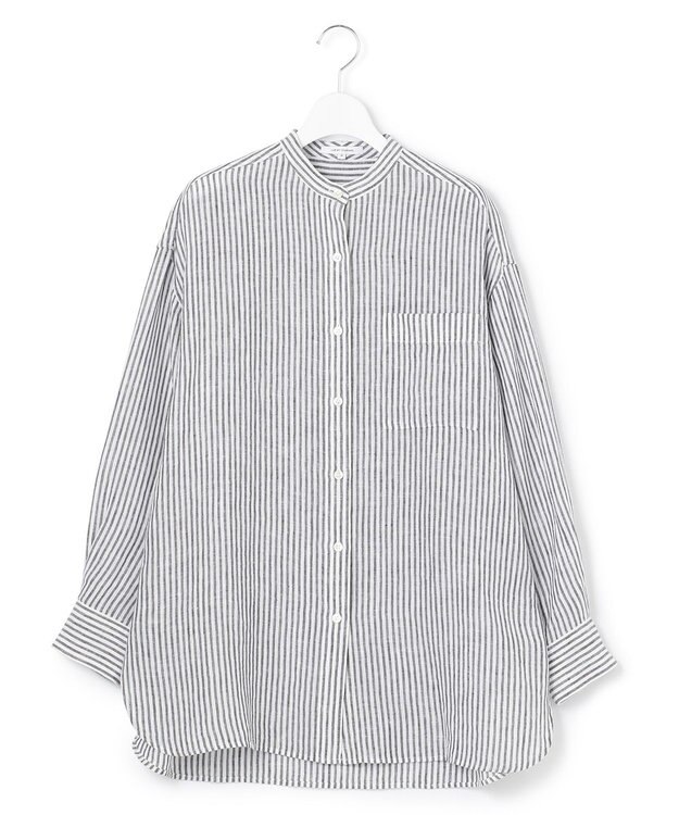 23区 L 【WEB限定カラーあり/洗える】LIBECO バンドカラー ビッグシルエット シャツ ネイビーストライプ