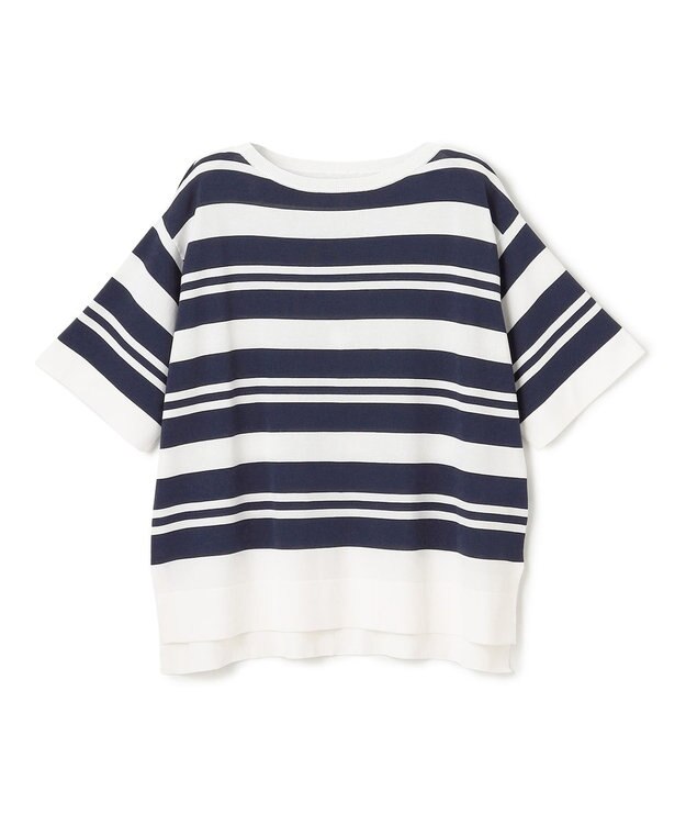 UNFILO L スゴ機能美 ハーフスリーブ ニット [NEW]ランダムボーダー(オフ×ネイビー)