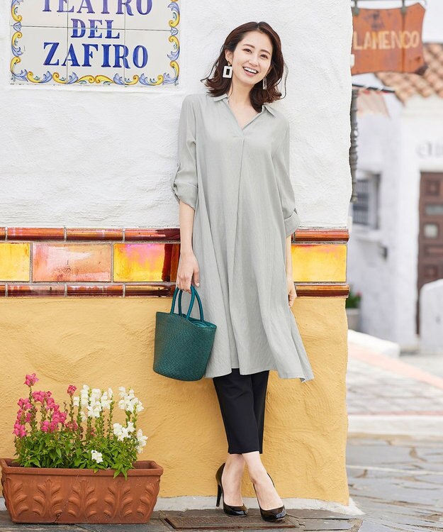 Tiaclasse 【洗える】 麻調Aラインシャツワンピース グレー
