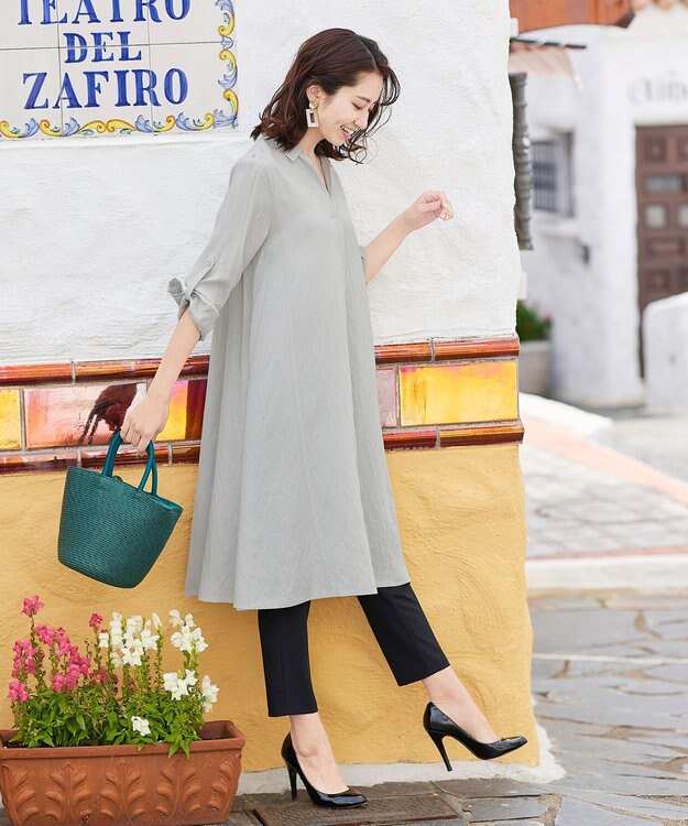 Tiaclasse 【洗える】 麻調Aラインシャツワンピース グレー