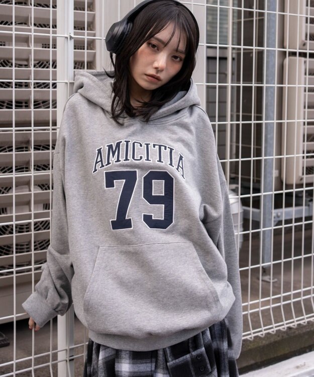 WEGO グラフィックビッグプルパーカー 杢グレー