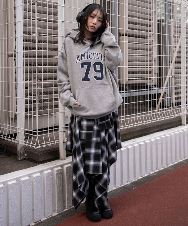 WEGO グラフィックビッグプルパーカー 杢グレー