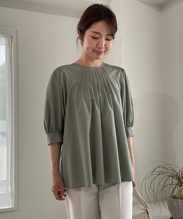 UNFILO イージーケア ピンタックブラウス カーキ