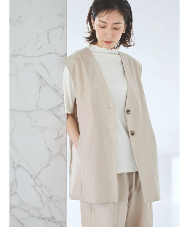 Green Parks 綿麻混シングルミディ丈ベスト Light Beige