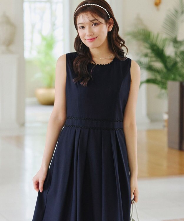 Tiaclasse 【洗える】配色スカラップレースワンピース ネイビー