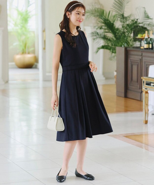 Tiaclasse 【洗える】配色スカラップレースワンピース ネイビー