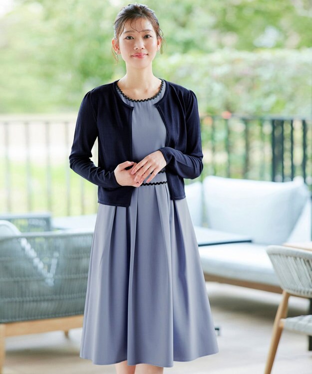 Tiaclasse 【洗える】配色スカラップレースワンピース ブルー