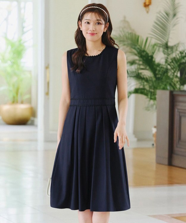 Tiaclasse 【洗える】配色スカラップレースワンピース ネイビー