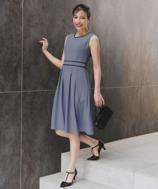 Tiaclasse 【洗える】配色スカラップレースワンピース ブルー