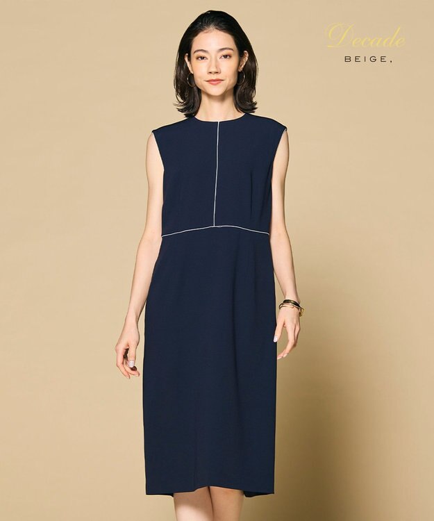 BEIGE， 【セットアップ対応】CINDY / 配色ライン クルーネックドレス Navy x White