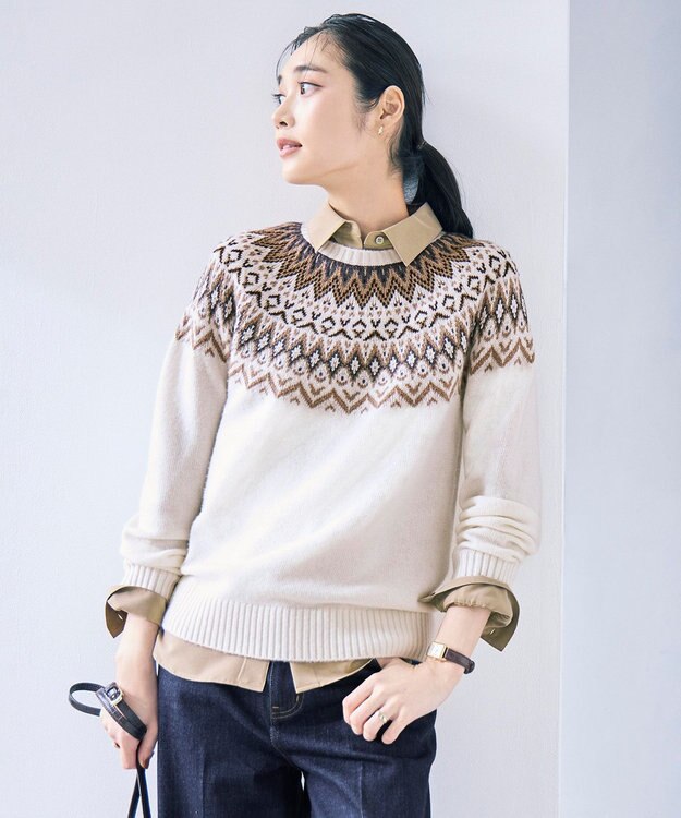 J.PRESS LADIES FAIR ISLE ラウンドネック ニット オフ系