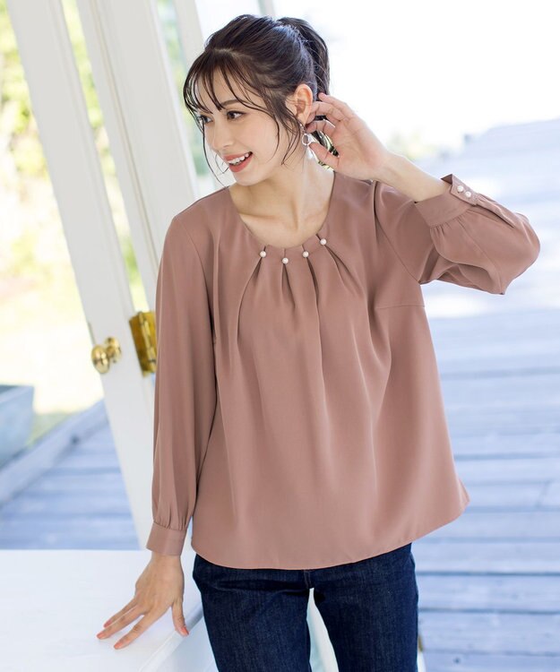 Tiaclasse L 【洗える】大人上品なタックパールブラウス ピンク