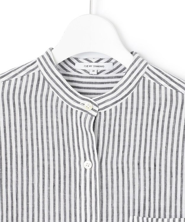 23区 【WEB限定カラーあり/洗える】LIBECO バンドカラー ビッグシルエット シャツ ネイビーストライプ