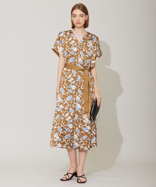 ICB 【洗える】 ウォーターフラワープリント ワンピース キャメル系柄