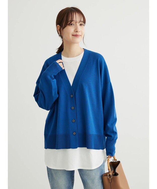 Green Parks 洗える　ステッチ入りＶネックカーディガン Blue