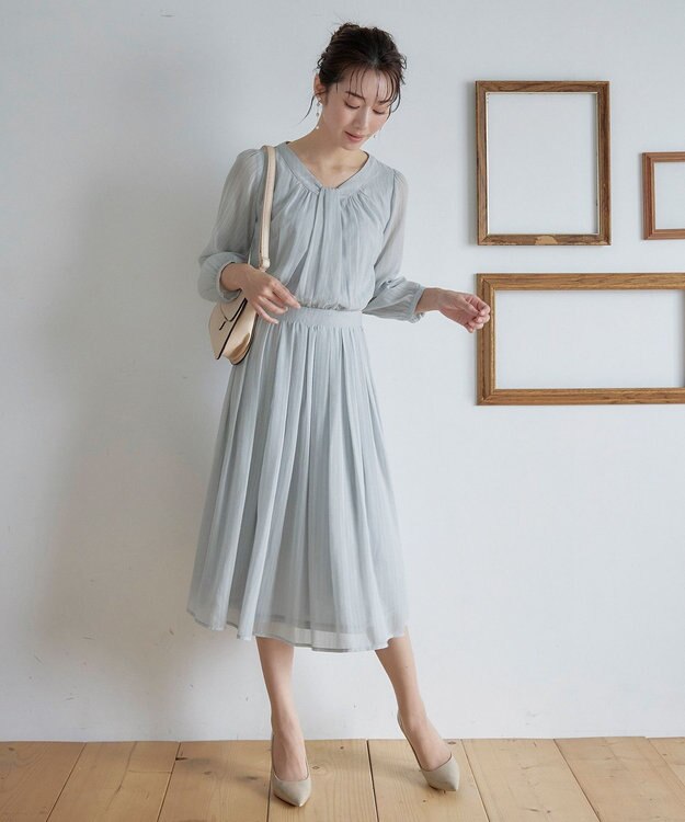 Tiaclasse 【新色追加・洗える】シフォンギャザーワンピース サックス