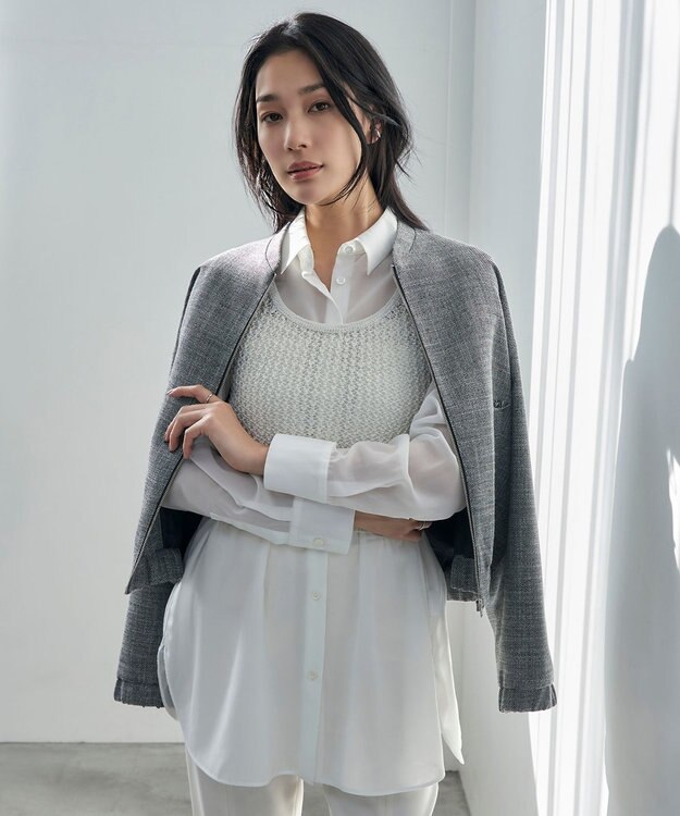 ICB L 【洗える】 シャインポリエステルクロッシェ ニットベスト オフホワイト系