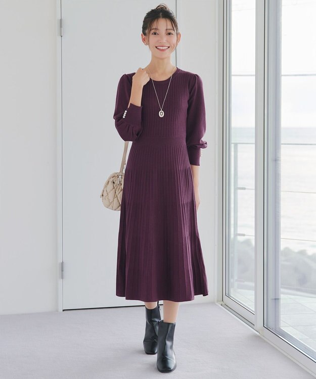 Tiaclasse L リブニットパフスリーブワンピース ワインレッド
