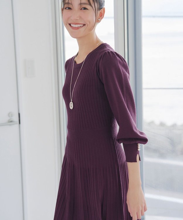 Tiaclasse L リブニットパフスリーブワンピース ワインレッド