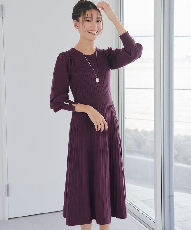 Tiaclasse L リブニットパフスリーブワンピース ワインレッド
