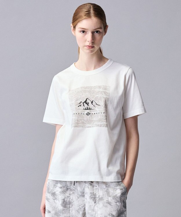 JOSEPH ABBOUD MOUNTAIN 【ゆったり】プレーティング天竺 リーフプリントアウトドア Tシャツ ホワイト系