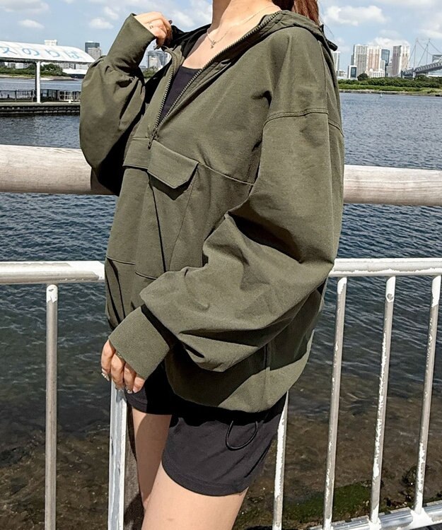 WEGO 【UVカット/吸水速乾/水陸両用/ラッシュガード】ハーフジップアノラックパーカー カーキ