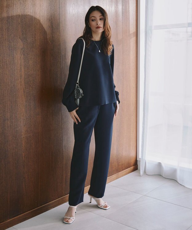 ICB L 【洗える】 ダブルクロスクレープ ストレートパンツ ネイビー系