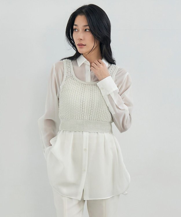 ICB L 【洗える】 シャインポリエステルクロッシェ ニットベスト オフホワイト系