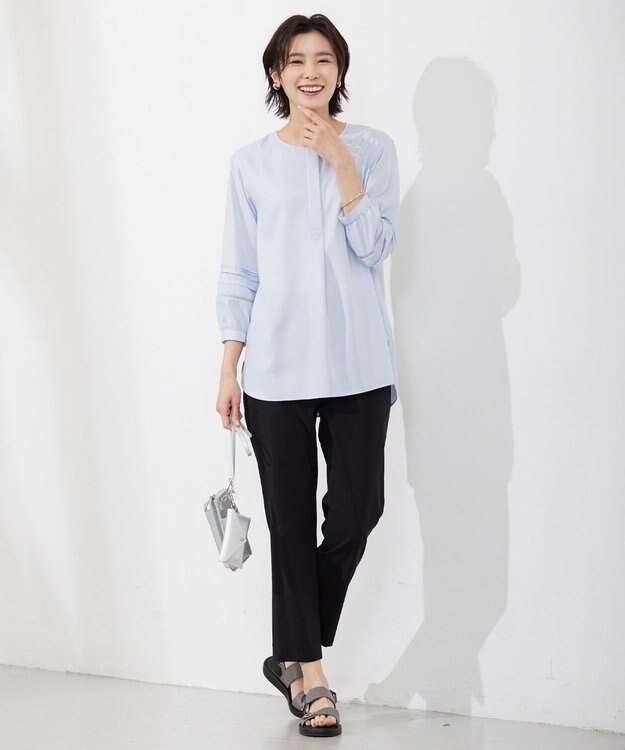 J.PRESS LADIES S 【洗える】ポリエステルスパンソフトクロス レース ブラウス サックスブルー系