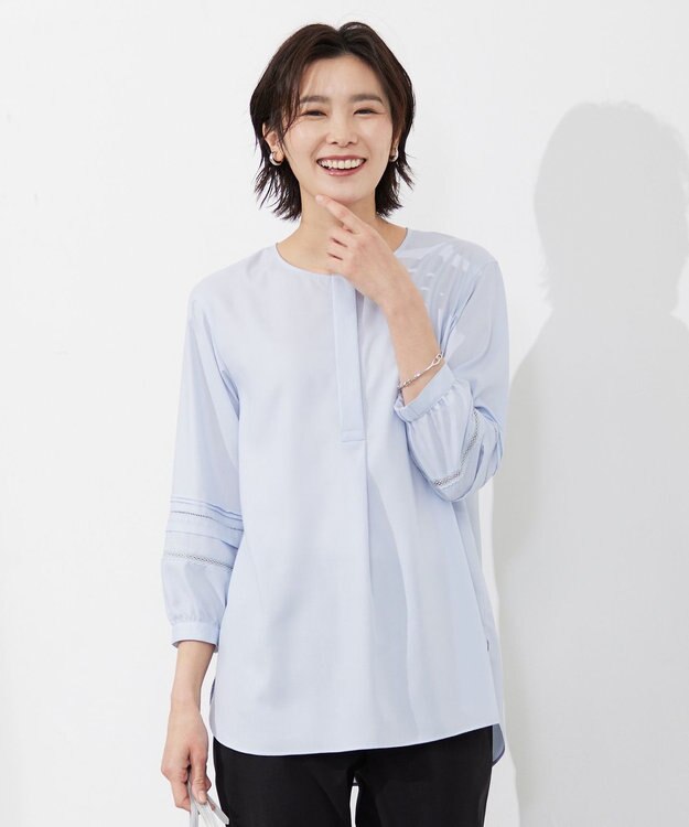 J.PRESS LADIES 【洗える】ポリエステルスパンソフトクロス レース ブラウス サックスブルー系