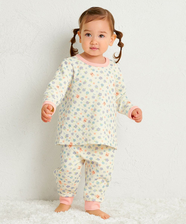 MIKI HOUSE HOT BISCUITS 【80-120cm】 あったかキルト素材 小花柄 腹巻き付き長袖パジャマ アイボリー