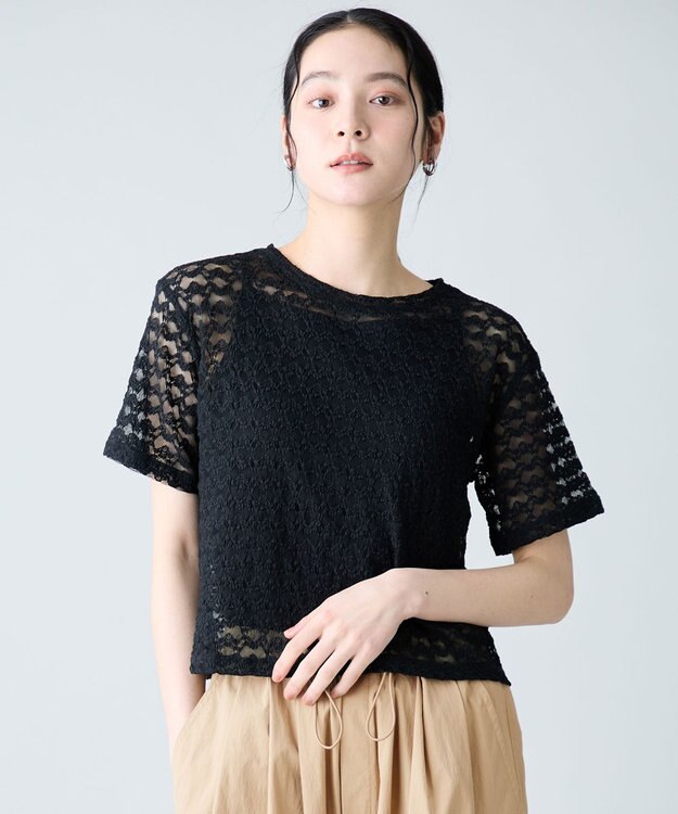 ANY L レースショート丈Tシャツ ブラックレース