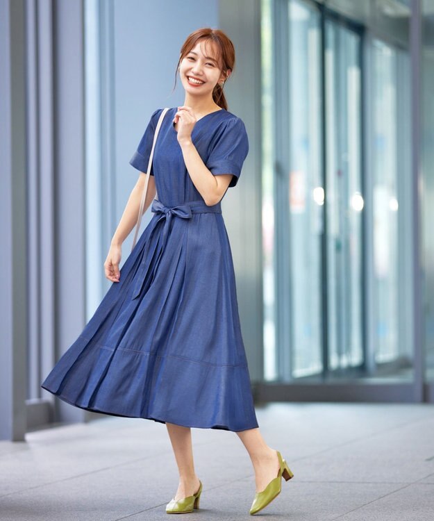 Tiaclasse デニムフレアワンピース ブルー