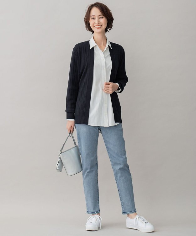 自由区 【洗える】ウールミックス ミドル丈カーディガン ネイビー系