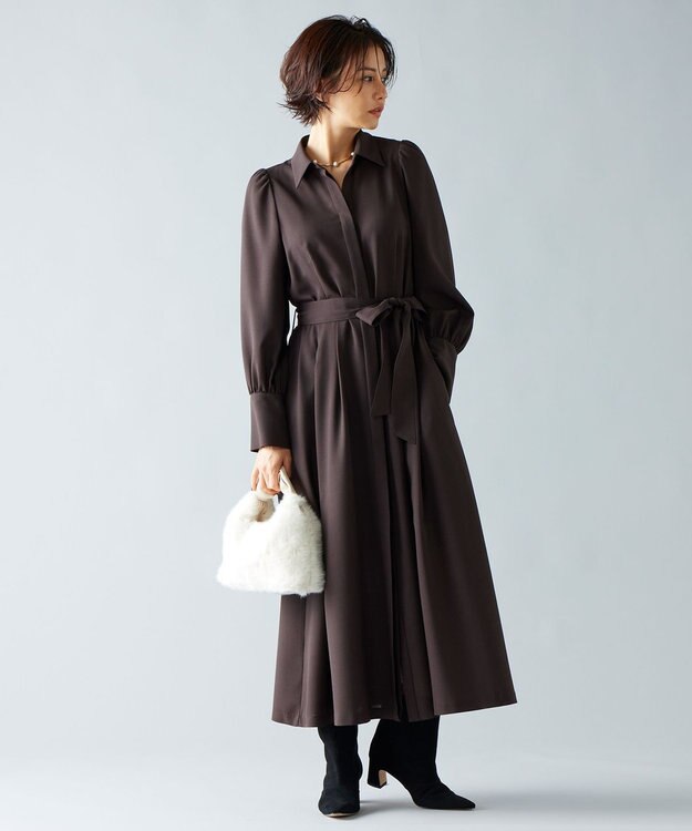 自由区 【洗える】ボリュームスリーブシャツ ドレス ダークブラウン系