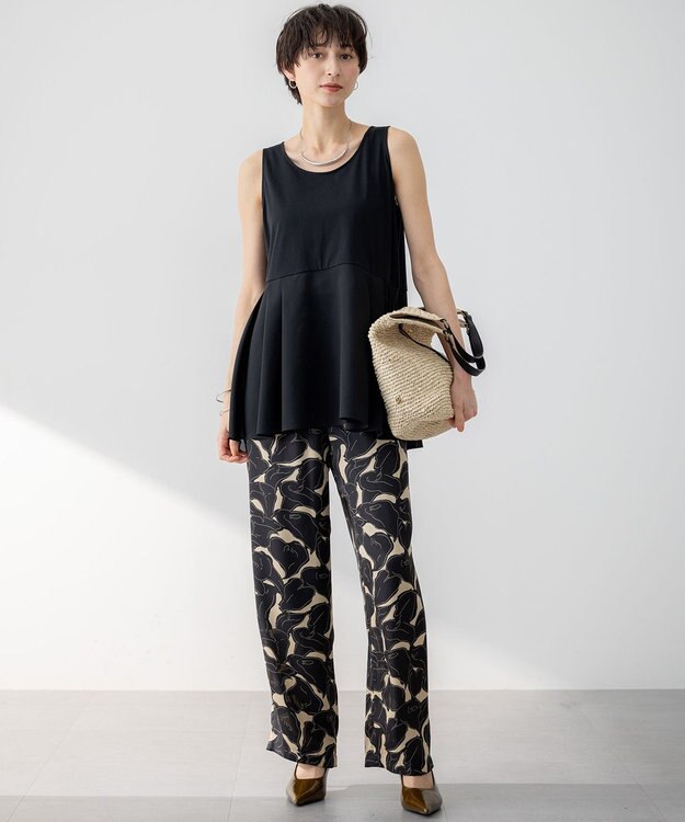 23区 【洗える】ナチュラルコットンベア タフタコンビ タンクトップ ブラック系