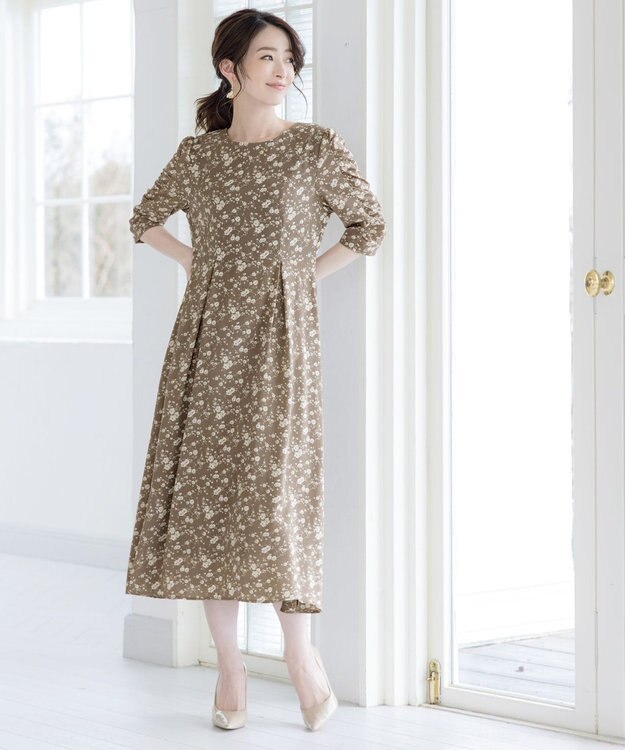 Tiaclasse L 【洗える】ギャザースリーブ花柄ワンピース ラベンダー