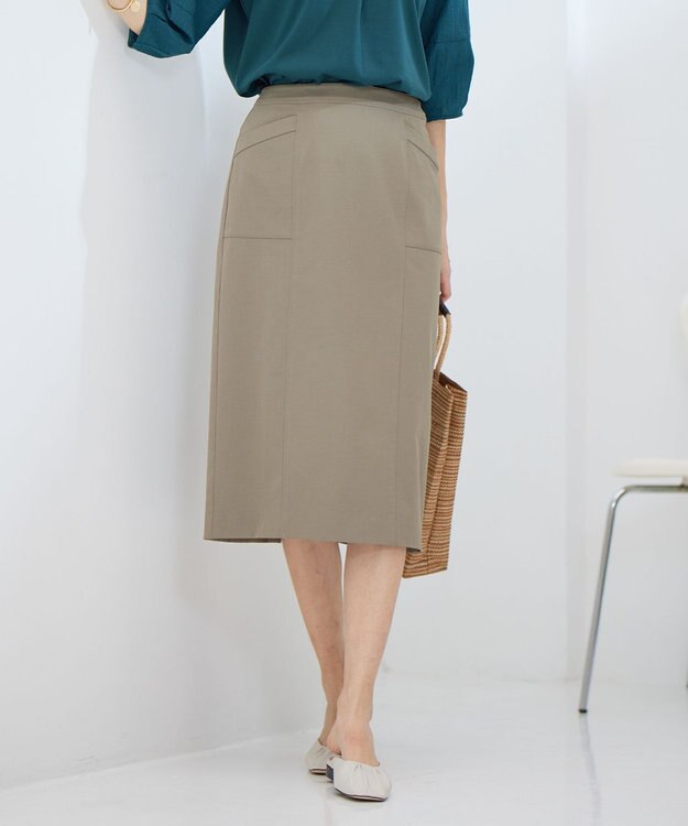 J.PRESS LADIES 【洗える・吸水速乾】コットン麻シェルドライ ナロー スカート カーキ系