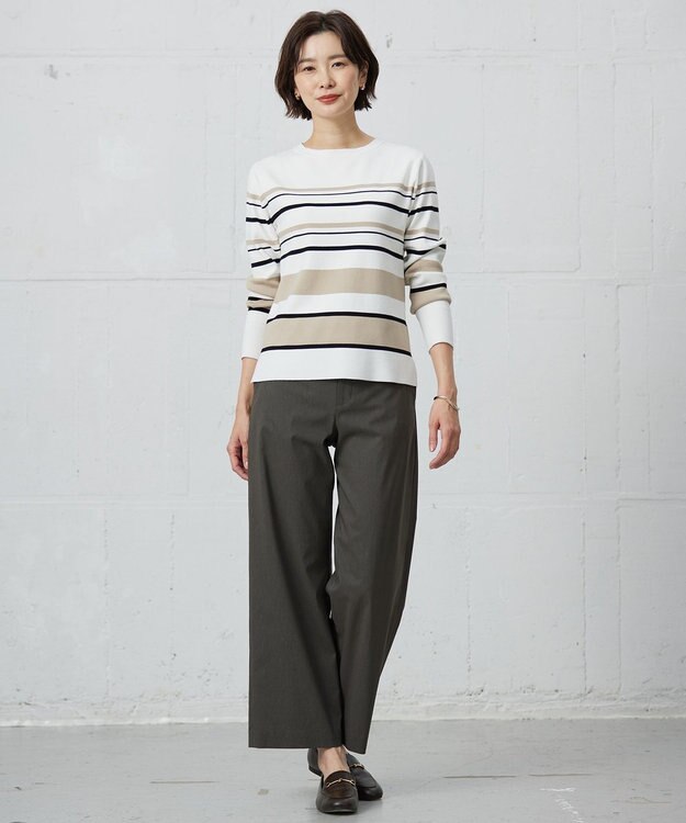 J.PRESS LADIES 【洗える】Rayon Stretch Border ニット オフ×ベージュ系