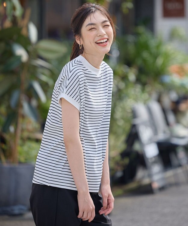 ANY L 【大好評につき新色登場！】モックネックフレンチスリーブ ボーダーＴシャツ ホワイト×ブラック