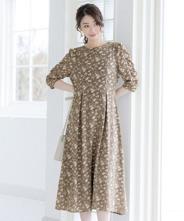 Tiaclasse L 【洗える】ギャザースリーブ花柄ワンピース モカ