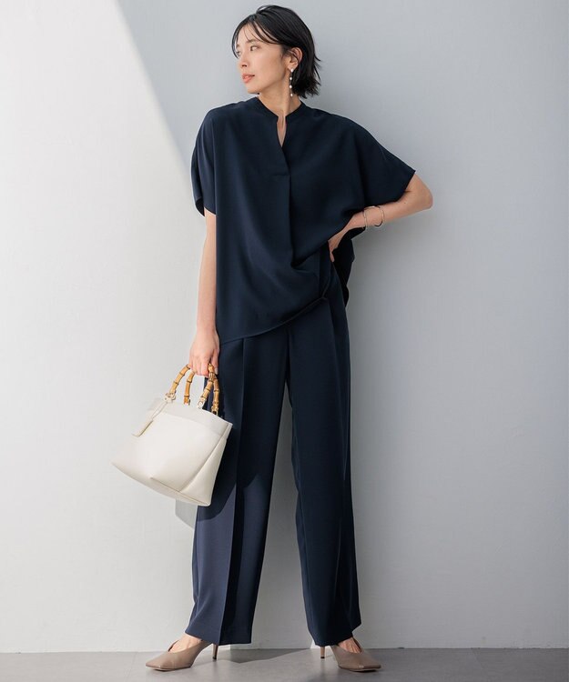 23区 【洗える】ストレッチジョーゼット フレンチスリーブ カットソー ネイビー系