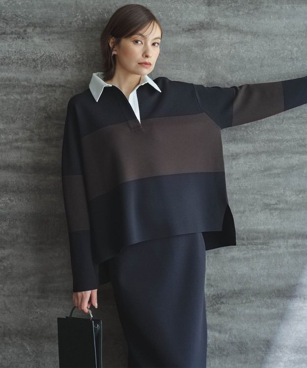 ICB 【洗える】 シンセティックダブルフェイス ラガーニットプルオーバー ネイビー×ダークブラウン系