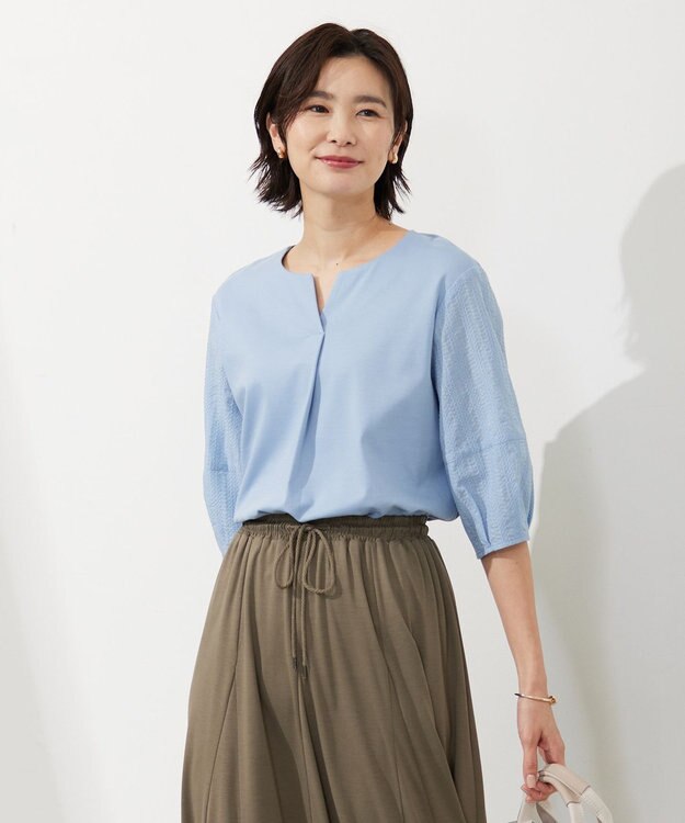 J.PRESS LADIES 【WEB限定カラーあり・接触冷感・UVケア】 スムースジャージー キーネック カットソー サックスブルー系