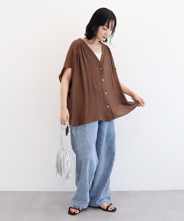 Green Parks フレンチスリーブリブドッキングシャツ Brown