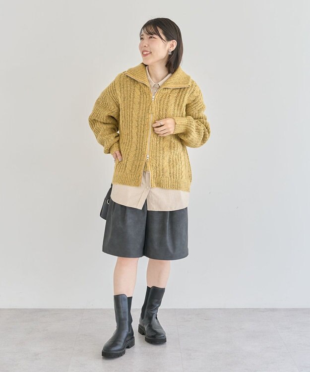 Green Parks 衿付きケーブルｚｉｐカーディガン Yellow
